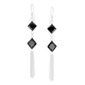 Aros aretes largos diseño rombo circón negro Brilho