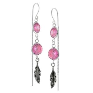 Aros con diseño plumas y dos circones rosa Brilho