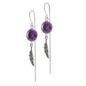 Aros plata italiana con circón morado y pluma Brilho
