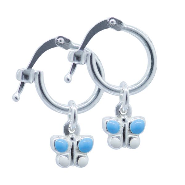 Aros argolla diseño mariposa celeste plata 925 Brilho
