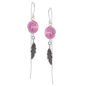 Aros largos diseño pluma y circón rosado Brilho