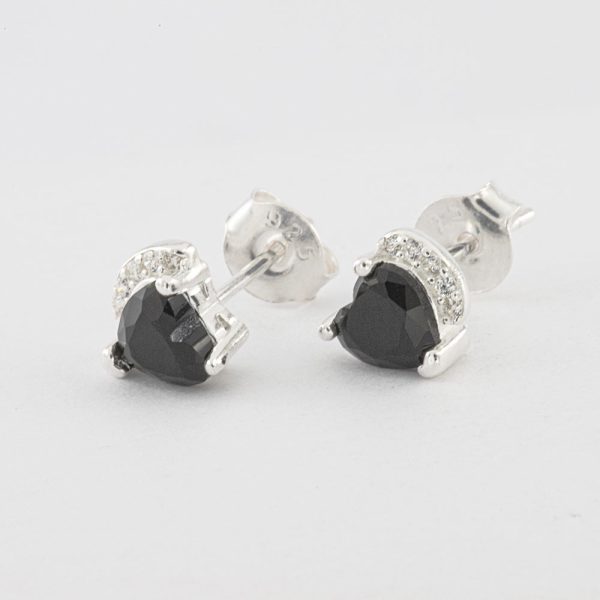 Aros Topo. Plata Italiana 925. Micro Circónes. Diseño Corzón de Cirón Negro. SKU: PTO0220210-7 Brilho.