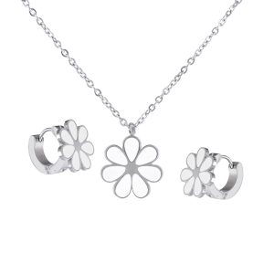Conjunto collar y aros diseño flor blanca en acero Brilho