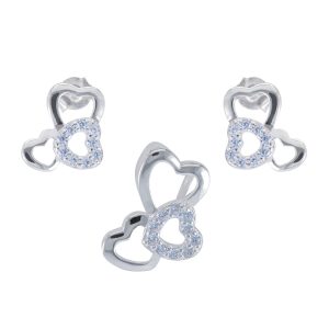Conjunto dije y aros en diseño tres corazones plata 925 Brilho
