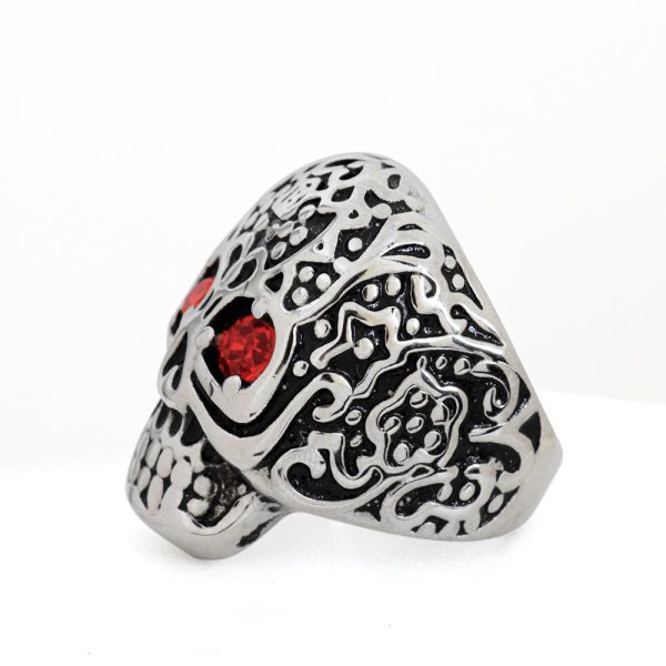 Anillo de Calavera con Ojos Circones Rojos Brilho. Género Unisex. Talla 15 - US 7. Acero Quirúrgico 316. SKU: AAN0910104-07-T7 Brilho