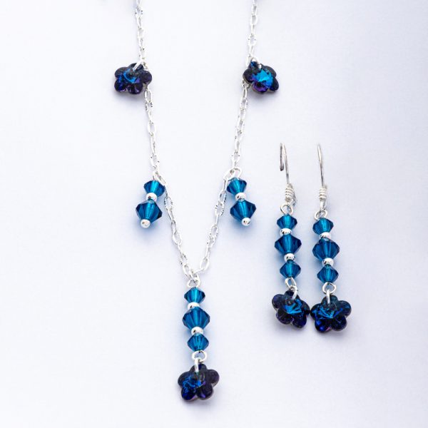Conjunto collar y aros aretes piedras colores lila y azul Brilho - Imagen 2