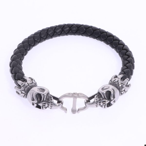 Pulsera Calavera Cuero Ecológico Negro Brilho
