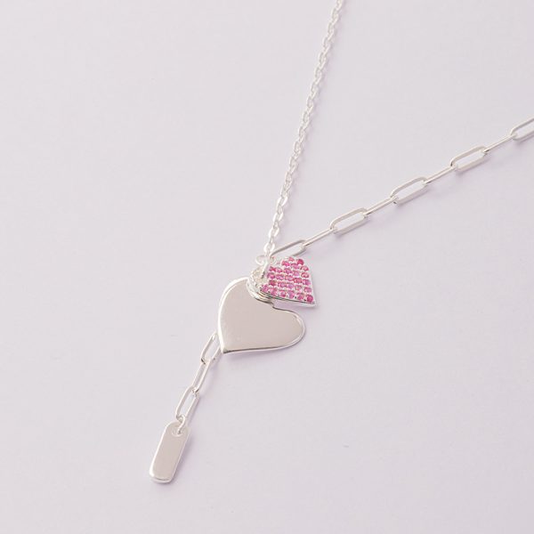 Collar de plata italiana 925. Diseño: Crazón Doble. Micro Circones Rosados. Peso de 3,2 Gramos. Largo de 40cm. SKU: PCO1020023-X3,2GR Brilho