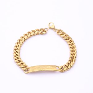 Pulsera Acero Quirúrgico 316. Diseño Religioso (Escritura Padre Nuestro) Gold Filled Baño de Oro 18k. Largo: 21cm. SKU: APU0922002 Brilho.