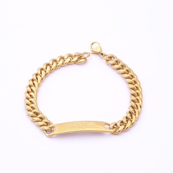 Pulsera Acero Quirúrgico 316. Diseño Religioso (Escritura Padre Nuestro) Gold Filled Baño de Oro 18k. Largo: 21cm. SKU: APU0922002 Brilho.
